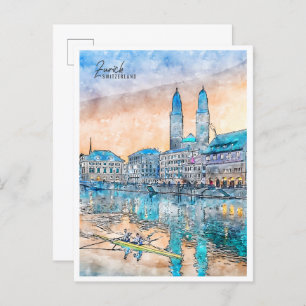 Carte Postale Aquarelle de voyage vintage Suisse Zurich
