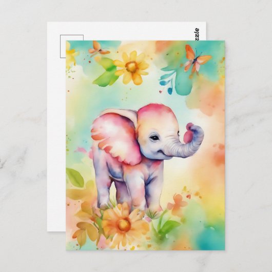 Carte Postale Aquarelle d'éléphant doux (Devant / Derrière)