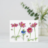 Carte Postale Aquarelle des abeilles Fleurs rose Cosmos (Debout devant)