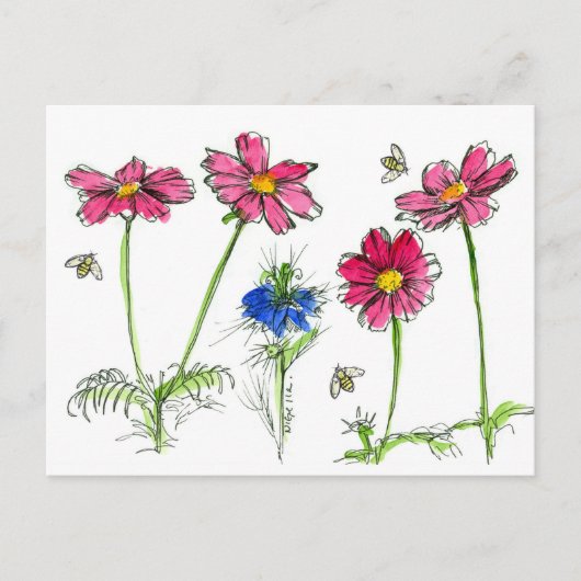 Carte Postale Aquarelle des abeilles Fleurs rose Cosmos (Devant)