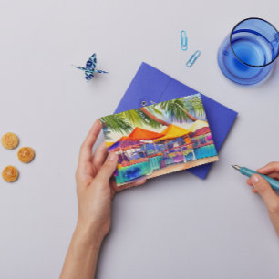 Carte Postale Aquarelle des stands du marché en front de mer