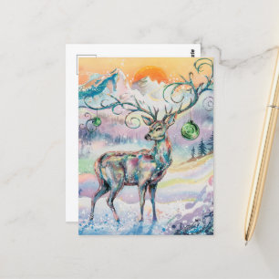 Carte Postale Aquarelle d'hiver Cerf de Noël