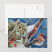 Carte Postale Aquarelle d'hiver Oiseaux Finds Berries Aquarelle (Devant / Derrière)