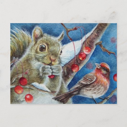 Carte Postale Aquarelle d'hiver Oiseaux Finds Berries Aquarelle (Devant)