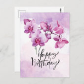 Carte Postale Aquarelle d'orchidée violette Anniversaire (Devant / Derrière)