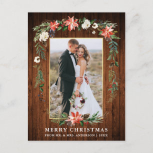 Carte Postale Aquarelle dorée en bois neuf Hiver Floral