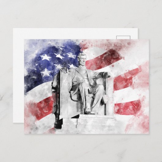 Carte Postale Aquarelle du Lincoln Memorial avec drapeau américa (Devant / Derrière)
