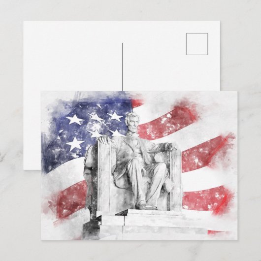 Carte Postale Aquarelle du Lincoln Memorial avec le drapeau amér (Devant / Derrière)