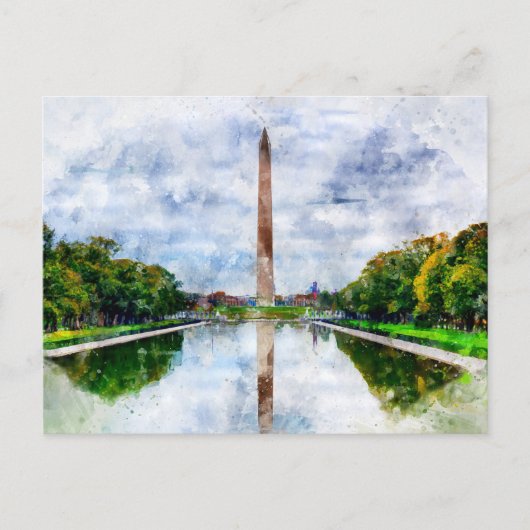 Carte Postale Aquarelle du monument de Washington avec reflet (Devant)