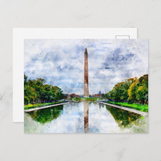 Carte Postale Aquarelle du monument Washington avec reflet (Devant / Derrière)