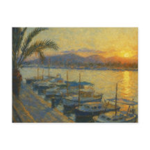 Carte postale aquarelle du port au coucher du sole