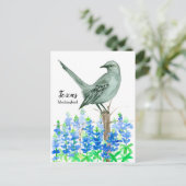 Carte Postale Aquarelle du Texas Mockingbird Bluebonnet (Debout devant)