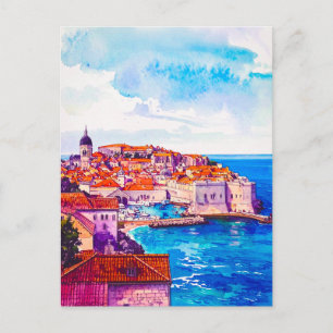 Carte Postale Aquarelle Dubrovnik Rétro Vieux Ville Voyage