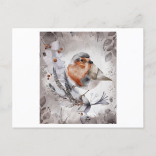 Carte Postale Aquarelle d'un Oiseau Robin avec fleur