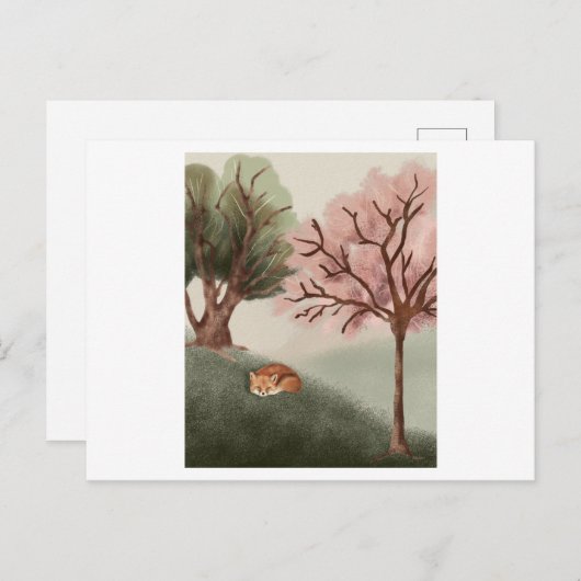 Carte Postale Aquarelle d'un renard endormi et belle vue (Devant / Derrière)