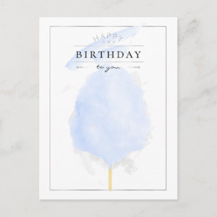 Carte Postale Aquarelle élégante Bleu Coton Bonbon Anniversaire