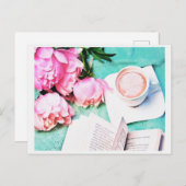 Carte Postale Aquarelle en latte douce rose de la pivoine de fle (Devant / Derrière)