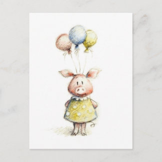 Carte Postale Aquarelle et dessin au crayon de porc avec ballons
