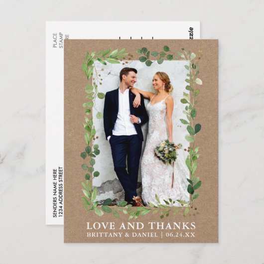 Carte Postale Aquarelle Eucalyptus Mariage Amour Merci Kraft (Devant / Derrière)