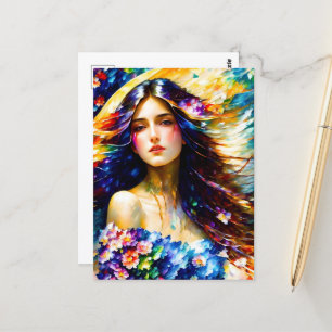 Carte Postale Aquarelle Femme Avec Fleurs