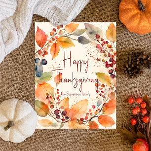 Carte Postale Aquarelle Feuilles d'automne Bon thanksgiving Wrea