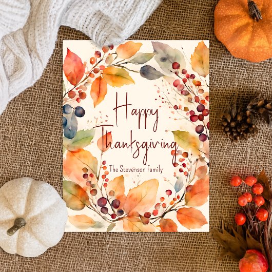 Carte Postale Aquarelle Feuilles d'automne Bon thanksgiving Wrea