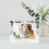 Carte Postale Aquarelle Feuilles Joyeuses Fêtes de Noël Photo (Debout devant)