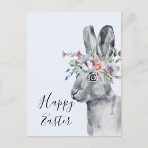 Carte Postale Aquarelle Fleur Couronne Bunny Pâques