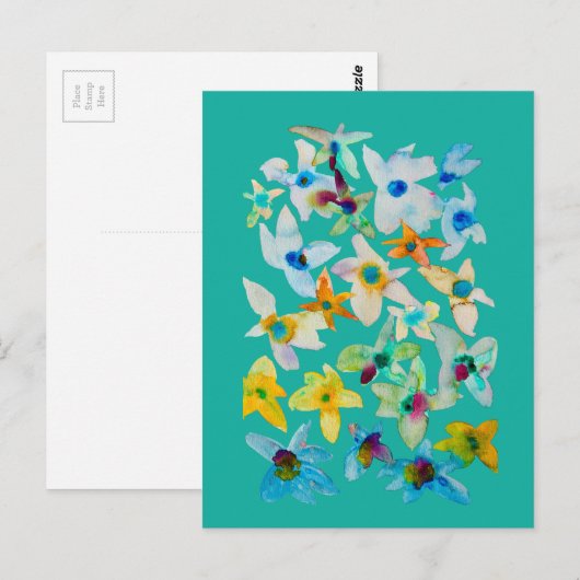 Carte Postale Aquarelle fleurs bleues blanches (Devant / Derrière)