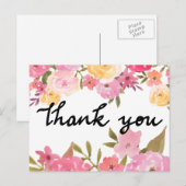 Carte Postale Aquarelle Fleurs Merci Typographie Mariage (Devant / Derrière)