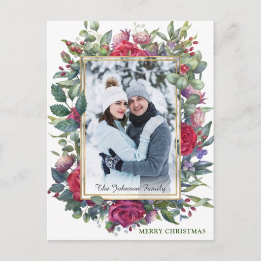 Carte Postale Aquarelle Fleurs Roses d'hiver Photo Noël (Devant)