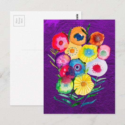 Carte Postale Aquarelle fleurs violettes fleuries florales (Devant / Derrière)