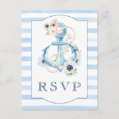 Carte Postale Aquarelle Floral Blue Stripes Plage Mariage RSVP (Devant)
