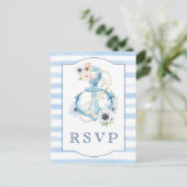 Carte Postale Aquarelle Floral Blue Stripes Plage Mariage RSVP (Debout devant)