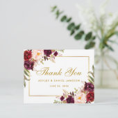 Carte Postale Aquarelle Floral Bourgogne Mariage Merci or (Debout devant)