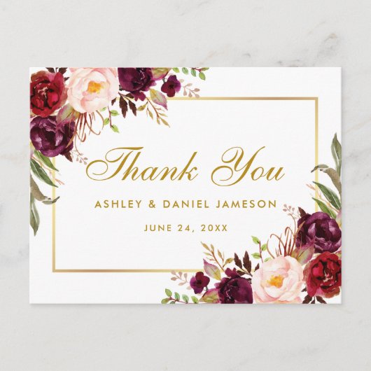 Carte Postale Aquarelle Floral Bourgogne Mariage Merci or (Devant)