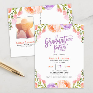 Carte Postale Aquarelle Floral Photo Graduation Party Invitation