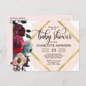 Carte Postale Aquarelle Floral rose Bourgogne Baby shower or (Devant / Derrière)