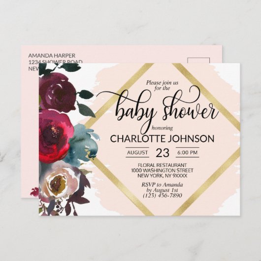 Carte Postale Aquarelle Floral rose Bourgogne Baby shower or (Devant / Derrière)