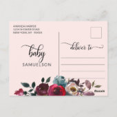 Carte Postale Aquarelle Floral rose Bourgogne Baby shower or (Dos)