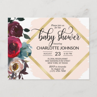 Carte Postale Aquarelle Floral rose Bourgogne Baby shower or