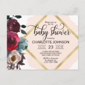 Carte Postale Aquarelle Floral rose Bourgogne Baby shower or (Devant)