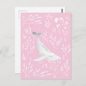 Carte Postale Aquarelle Florale Baleine à bosse rose (Devant / Derrière)