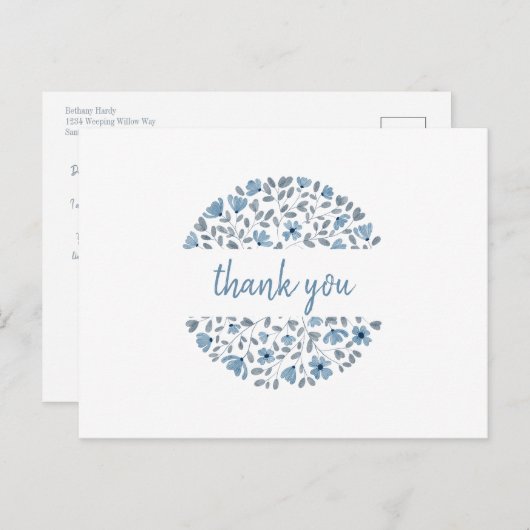 Carte Postale Aquarelle florale bleue Merci (Devant / Derrière)