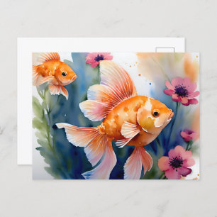 Carte Postale Aquarelle florale de poisson d'or