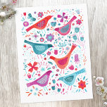 Carte Postale Aquarelle florale d'oiseaux moderne<br><div class="desc">Oiseaux et fleurs modernes et contemporains motif dans le vert turquoise vif,  rose magenta et rouge sur un arrière - plan blanc. Art original de Nic Squirrell.</div>