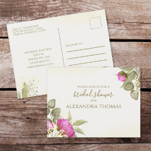 Carte Postale Aquarelle florale Fête des mariées de pivoine vert