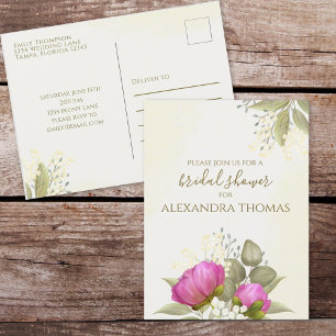 Carte Postale Aquarelle florale Fête des mariées de pivoine vert