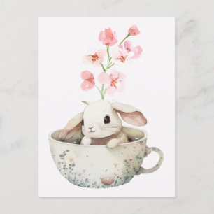 Carte Postale Aquarelle florale mignonne tasse de thé lapin