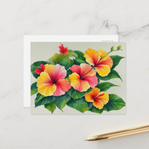 Carte Postale Aquarelle Flore Tropicale Hibiscus Rouge Jaune